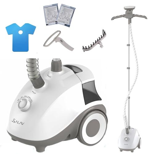 SALAV® Standing Steamer for Clothes, 1500W Powerful Garment Steamer with Roll Wheels, 4 Steam Settings, High Efficiency Stainless Steel Plate, with Limescale Remover Descaler Packets