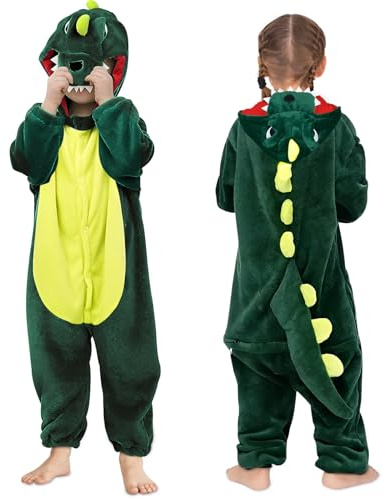 Dinosauriedräkt för barn – jumpsuit djur cosplay Onesie, unisex overall med huva, nattkläder för halloween, karneval, fest, 120 cm
