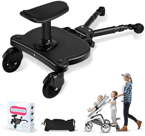 ENERHUB Buggy Board Mit Sitz, Trittbrett Für Kinderwagen Universal, Mitfahrbrett Kinderwagen Mit Kinderwagen Organizer Für 2-6 Jahre Alte Kinder, Maximalen Belastung Von 55 Pfund (Schwarz)