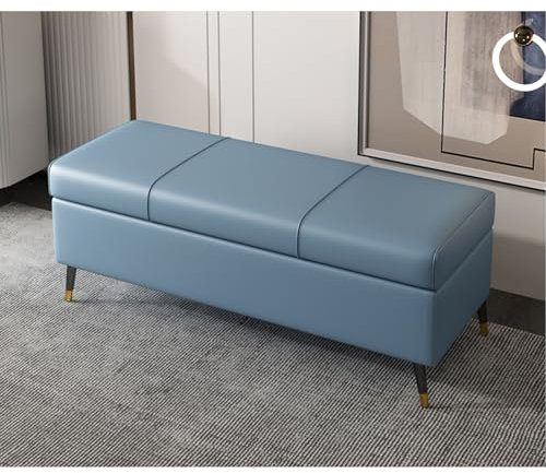 Ottomane aus Kunstleder, mit Stauraum, Möbel für Wohnzimmer, Bettbänke für Fußbett, rechteckige Aufbewahrungstruhe, extra lange Aufbewahrungsbank mit PU-Leder-Kissen, 140 cm, Blau