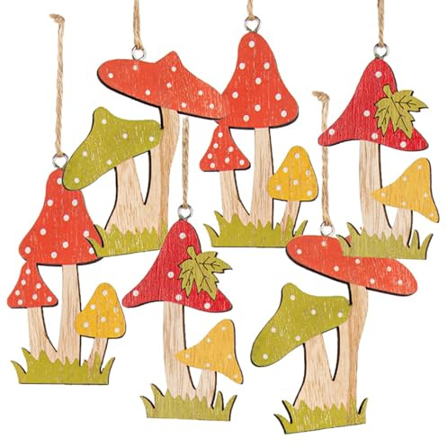 Anhänger Pilze, 6 Stück: Holzanhänger Pilz Herbst, Herbstdeko, Hängedeko Holz, Figuren zum Aufhängen Innen, Dekoration Tisch, Zweige & Fenster, Geschenkanhänger Deko, Dekopilze Klein, 7,5 x 8,5 cm