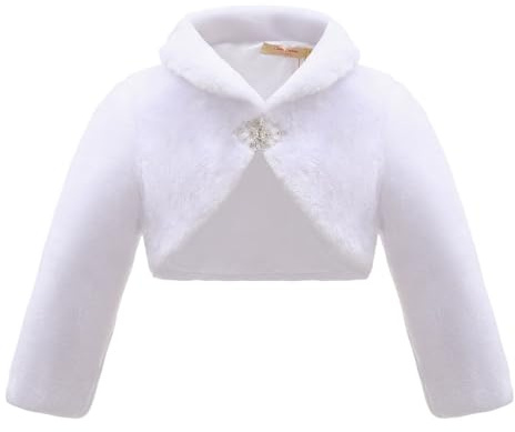 Mini Mart Online Limited Bolero da bambina in finta pelliccia, elegante, a maniche lunghe, con chiusura a strass, per matrimoni, feste e occasioni speciali, disponibile in bianco e avorio, bianco, 7-8