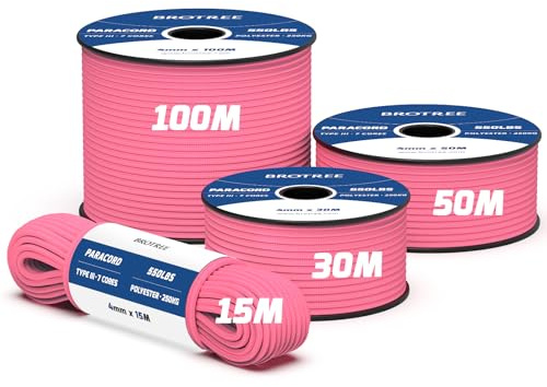 Brotree 550 Paracord 4mm 30m 100% Polyesterrep 7 Trådar Fallskärmslina Typ III Snöre Sladd för Utomhus, Camping, Hundkoppel, Överlevnad, Hantverk - 250kg Brottlast (Neonrosa)