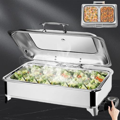 Aocay Chafing Dish Eléctrico, 9L Calentador de Comida Electrico para Buffet Temperatura Regulable, Calentador de Buffet in Acero Inoxidable con Tapa Visible(A,Full Pan)