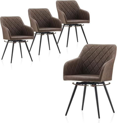 TUKAILAI Esszimmerstühle Drehbar 4er Set Kunstleder, Drehstuhl Esszimmer mit Armlehnen Rückenlehne Metallbeine,Küchenstuhl Polsterstuhl Armlehnenstuhl für Wohnzimmer Küche Schlafzimmer, Braun