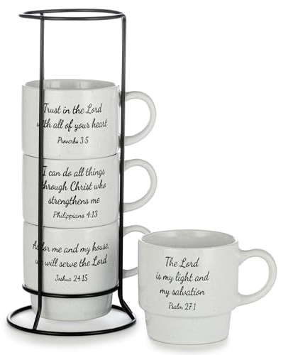 Signature Housewares Stackable Coffee Mug Tower Set with Metal Wire Rack - 15 Ounce Coffee Mugs for Coffee, Tea, Cocoa, Milk, Cappuccino, Hot Chocolate Set of 4 - Inspirational Bible Verses