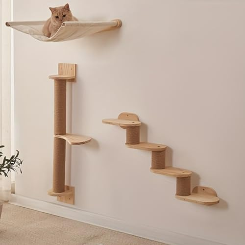 Cat Wall Furniture Set with Shelves & Climbing Ladder, Wooden Cat Wall afor Indoor Cats, 3pcs Cats Step Shelves Hammock Scratching Post Wall Mounted Catss Climber System for Small Apartments Flats