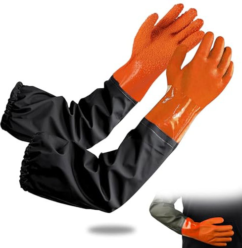 Guanti per la Pulizia Dello Stagno da 70 cm, Guanti Lunghi in Gomma Impermeabili, Guanti Impermeabili Smerigliati, Guanti per la Pulizia Dello Stagno per L'industria Chimica, Arancione