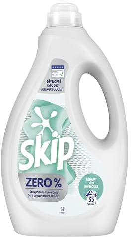 Skip Lessive Liquide Zéro%, 35 Lavages | Lessive hypoallergénique peaux sensibles sans parfum ni colorant, nettoie efficacement le linge des personnes allergiques
