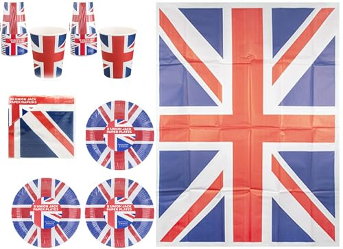 50 Piece Union Jack Party Pack Paper Tableware, Union Jack Flag Print, 24 Plates, 24 Cups, Napkins, Tablecloth and Flag