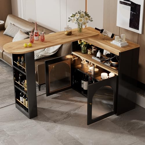 Oxtao Modern Extendable Kitchen Island Table (138-193X39X105CM) Dining Table with Storage Bar Bistro Swivel for Dining Room with 1m LED Strip (Adjustable Light Colour) (Black)