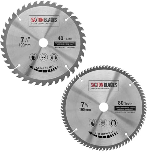 Saxton TCT190MXA20B 2 stycken TCT-cirkelsågblad 190 mm x 40 och 80 tänder x 20 mm borrning (ring 16 mm) för Bosch Makita etc
