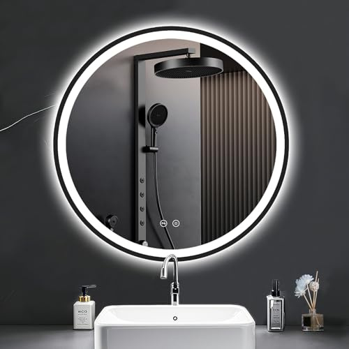 PESENXAN 60cm Runder Spiegel mit Beleuchtung, Dimmbar, 3 Farben & Speicherfunktion - IP44 Wasserdicht, Aluminiumrahmen, Schwarzer Badspiegel mit LED Beleuchtung