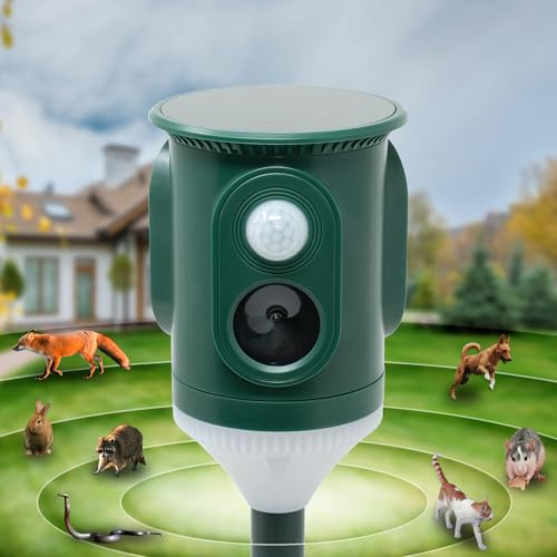 imio 360° Solar Ultrasonic Animal Repellent Outdoor Motion Activated Pest Deterrent with Strobe Light, Waterproof Garden Protection for Cats, Dogs, Squirrels, Raccoons,Skunks, Rabbits, Coyotes