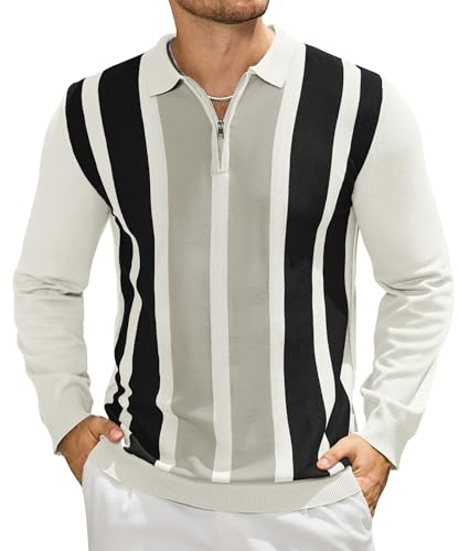 Elainone Mens Knit Striped Polo Shirts Long Sleeve Fashion Vintage Quarter Zip Jumper for Men UK Casual Polo Sweater Top White L