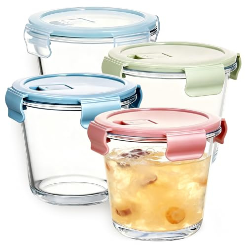 MEETOZ 4 Piece Round Glass Soup Storage Containers with lids | Airtight Reusable Bowls, Meal Prep Bowls,Freezer and Microwave Safe, for Soup, Lunch, Salad, Leftovers