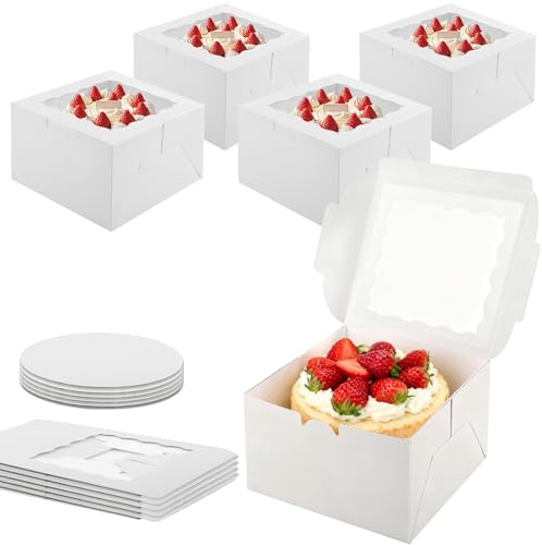 Otauoaea Lot de 5 Boîtes à Gâteau 20,5x20,5x12,8cm,Boite a Gateau Carton avec Couvercles,Blanc Boite Transport Gateau avec Fenêtre et Plateau,Boîtes Gâteaux Boite Patisserie pour Anniversaire,Fête