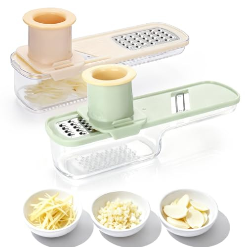 Palksky Garlic Mandolines Slicer Super Thin, 3 in 1 Multifunctional Garlics Grinder with Shredder Grinder Slicer, Portable Garlic Chopper, Kitchen Gadgets - 2PCS