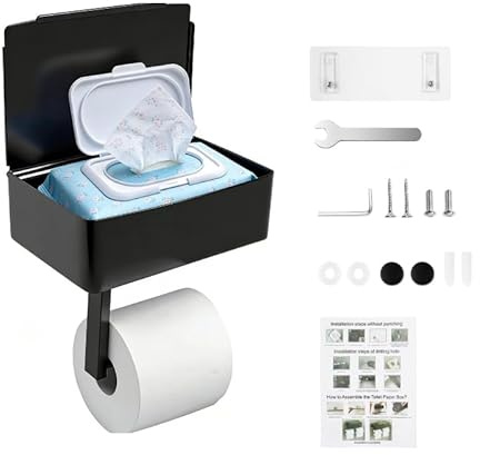 Vibrivio Toilettenpapierhalter mit Feuchttücherbox, Klopapierhalter ohne Bohren, Selbstklebend oder Bohren, 304 Edelstahl Klopapierhalter Schwarz, geeignet für Badezimmer und Küche