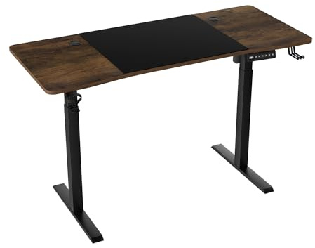 YUENFONG 140 x 60 cm höjdjusterbart skrivbord elektriskt med typ C laddningsport, 3 höjder minnesfunktion, datorbord mobil med hörlurskrokar och mugghållare, brun