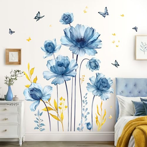 SHUCHING Adesivi Murali Grandi Fiori Blu, Adesivi da Parete Decorativi Foglie Dorate per Camera da Letto Soggiorno Moderno Bagno | Decorazione murale Art per camera da letto ufficio