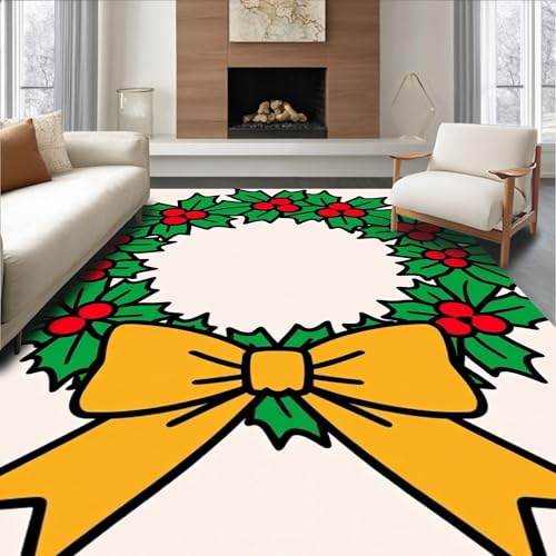 ODIKA Flatwoven High Traffic Area Rug 5x7, Holly Berry Wreath Punch Needle Kit Traditional Holiday Motif, Non Slip, Stain Resistant, Washable Area Rugs for Living Room, Bedroom (Green, 5x7, Pad)