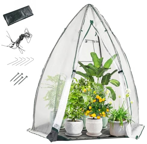 HOMASIS Invernadero para tomates, invernadero de invierno con puerta enrollable y ventana, cubierta de polietileno, con marco de metal, invernadero para tomates (blanco, 160 x 139 x 182 cm)