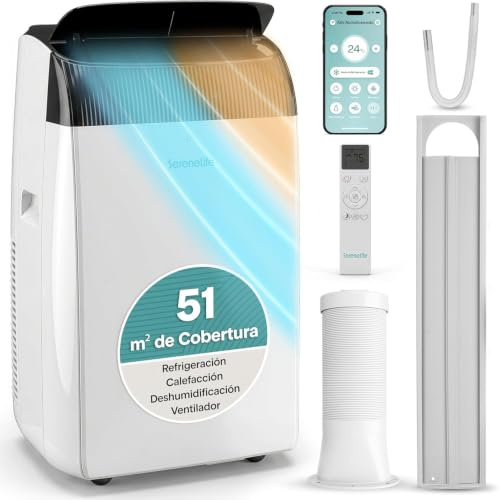 SereneLife Aire Acondicionado Portátil 12000 BTU con WiFi y Calefacción, Climatizador 4 en 1 con Deshumidificador y Ventilador, Modo Noche, Kit de Ventana, para Hogar y Oficina