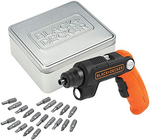 BLACK+DECKER - Tournevis Electrique BDCSFL20AT-QW - 3.6V, 180 Tr/min, 5.5 Nm, Lampe LED Intégrée, Poignée 3 Positions, Orange - 1 Boite Métallique, 20 Embouts De Vissage, 1 Chargeur