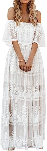 MERMAID'S CLOSET Womens Off Shoulder Embroidered Lace Maxi Dress Boho White Wedding Guest Party Maternity Photoshoot Dresses