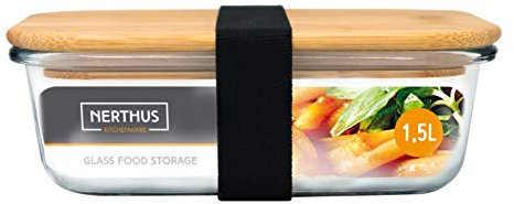 NERTHUS Recipiente hermético Cristal Tapa bambú 1500 ml, Borosilicato, 1200 ML