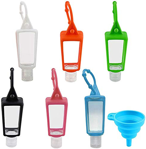 6 Piezas 30ml Botellas de Viaje y 1 Embudo, Botella Recargable Vacía, Transparente Plástico Portátil Prueba Fugas Botellas con Funda de Silicona para Cosméticos, Lociones