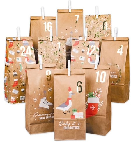 Papierdrachen Adventskalender 2025 zum Befüllen - 24 braune Papiertüten mit Zahlenaufklebern & Klammern - Weihnachtsmotiv - DIY Bastelset für Weihnachten