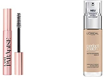 L'Oréal Paris Mascara, Schwarze Wimperntusche für Länge und Volumen, Lash Paradise, Schwarz, 6 ml & Make up, Flüssige Foundation mit Hyaluron und Aloe Vera, Nr. 2.R/2.C Rose Vanilla, 30 ml