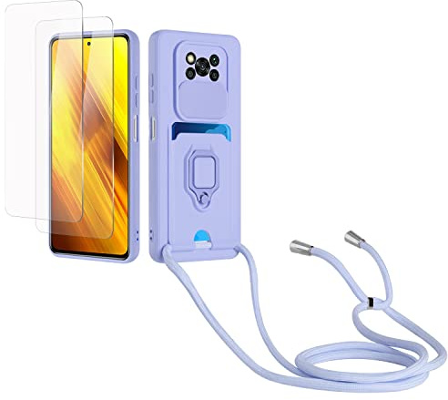 Kaslly Funda con Cuerda para Xiaomi Poco X3/X3 Pro/X3 NFC+[2 Pack Protector Pantalla],Case con Ranura para Tarjetas,Cubierta de Cámara Deslizante Proteger,Doble Cara Protección-Púrpura