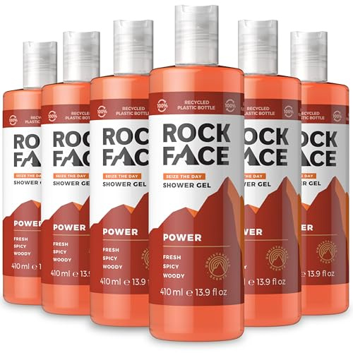 Rock Face Shower Gel - Power All In One Body Wash for Men, 410ml, Spicy Oriental Scent, Suitable for Hair and Body, Long Lasting Fragrance, Multipack of 6
