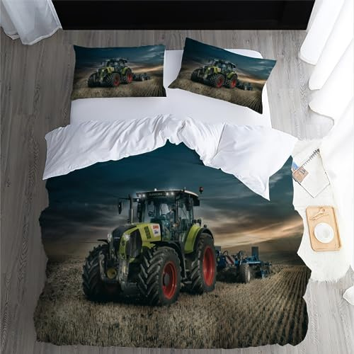 Bettwäsche 155x220 Traktor Bettbezug 155x220 & 2 Kissenbezügen 80x80, Grün Bauernhof Landwirtschaft Traktor Kinder Bettbezug Set 3pc Mikrofaser Bequem Bettdecke Cover mit Reißverschluss für Allergiker