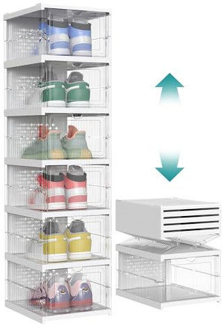 SONGMICS Schuhschrank, mit 6 Schuhboxen, integrierter Schuh-Organizer, faltbar, tragbar, für Schuhe bis Größe 46, 1-Min-Montage, transparent-wolkenweiß LSP205W01