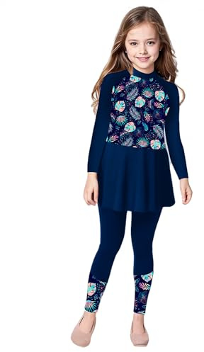 Miaeowve Kids Girls Rash Guard Swimsuit Full Body Cover Burkini Swim Dress and Swim Pants Set Sun Protective Beachwear Navy Blue 11-12 Years