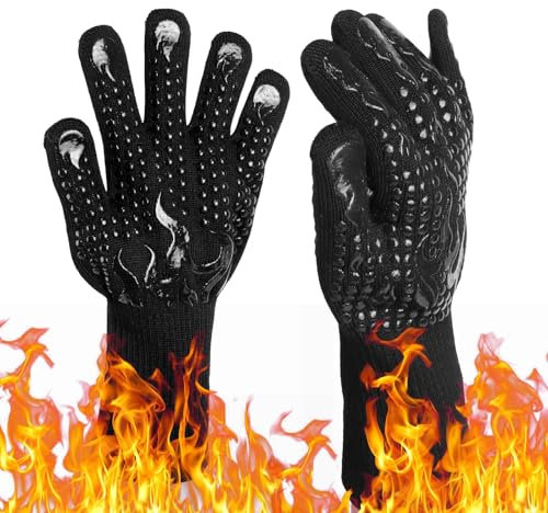 Guanti da Forno, Resistenti al Calore Guanti BBQ, Guanti Barbecue Professionali, 800°C Resistente alle Alte Temperature Guanti da forno in Silicone Antiscivolo per Griglia, Camino, Cottura al Forno
