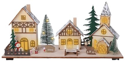 LED Holz Weihnachts Dorf Szene - 34 x 16 cm - Tischdeko Winterstadt beleuchtet - Weihnachtsszene Tischdekoration Weihnachtsdeko beleuchtet