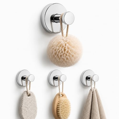 Betadistor Premium Chrome Suction Wall Hooks - Strong Hold, Waterproof, Rustproof, Bathroom and Kitchen Accessories - Easy Installation, Set of 4 Hooks for Towel, Loofah, Brush, and More 16-0403
