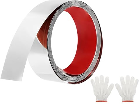 QUARKZMAN Moulures Décoratives Autocollantes en Acier Inoxydable, 5m X 5cm Argenté Garniture de Moulure Murale Autocollante avec Finition Miroir avec des Sacs et des Gants pour Mur, Sol