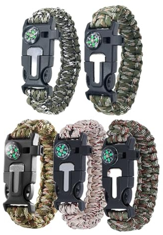 JYNVOCinturón de cuerda de supervivencia de 5 piezas, pulsera multifuncional 5 en 1 con pedernal, brújula, cuerda de paracaídas, silbato, cuchilla, línea de vida de 7 núcleos