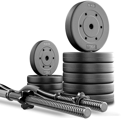TREX SPORT Langhantel Set 46 kg | Hantelscheiben mit Langhantelstange 150cm | Kunststoff Hantelset, Sternverschlüsse, langlebig, Home Gym Krafttraining