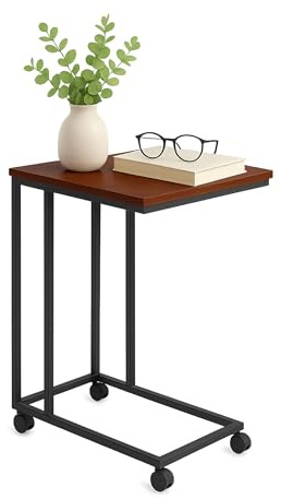 Tavolino Relaxdays con rotelle, HLP 68 x 50 x 35 cm, MDF, Metallo, Forma a C, tavolino da sottocosto, Marrone/Nero