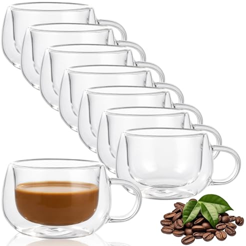DAJAVE Set of 8 Glass Coffee Mugs 150ml Double Walled Glass Mugs with Handle Coffee Glass Cups for Hot Drinks, Latte, Cappuccino, Tea, Milk, Juice