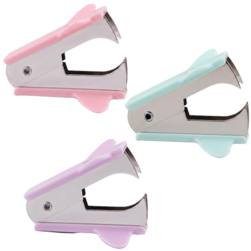 Shentu No Torn Paper Staple Remover 3 Pack, Ergonomic Pastel Colours Stapler Puller Removal Tool with Safety Lock, Office Stationery Supplies Accessories Set for School Desk Work, Pink Green Purple