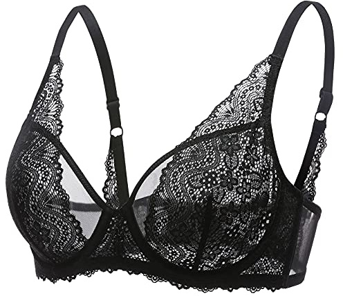 DOBREVA Femme Soutien Gorge Minimiseur Forte Poitrine Transparent avec Armature Dentelle Bralette Noir 100D