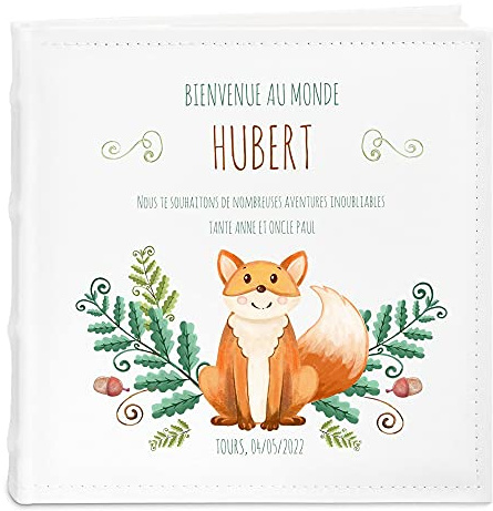 Maverton Album photo bebe à pochettes | Album Photos à personnaliser en cuir blanc, Cadeau de naissance pour les petits, Livre bebe cadeau naissance imprimé, renard